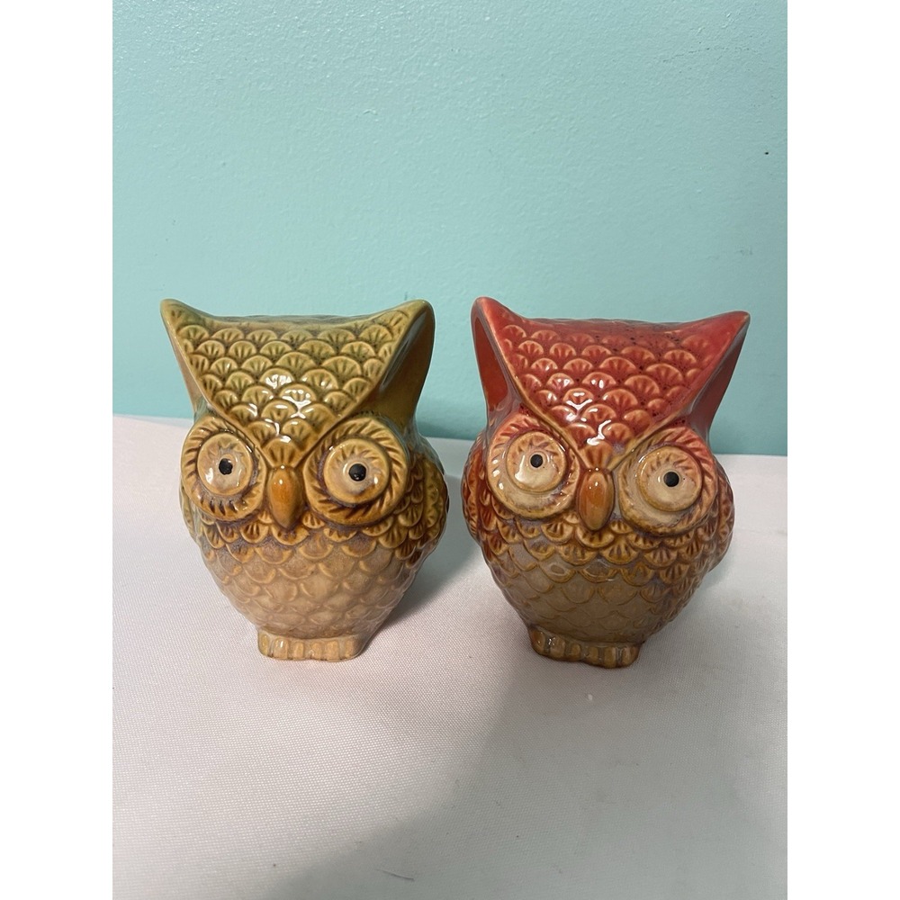 Fall Autumn Pair Of 2 Glazed Porcelain Owl Decorations, Fall Decorations 4x3-in.